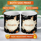 Personalized Custom Name Cute Halloween Teddy Bears Witch Pumpkin and Bats Seamless Pattern 11oz Ceramic Coffee Tea Mug White Large Handle