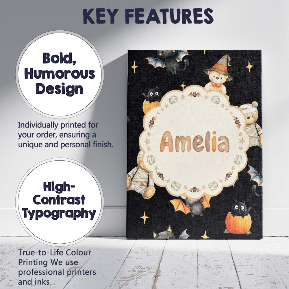 Personalised Name Cute Halloween Teddy Custom  Modern Room Accent Elegant Feature Canvas Wall Art Print Decor Picture Ready to Hang