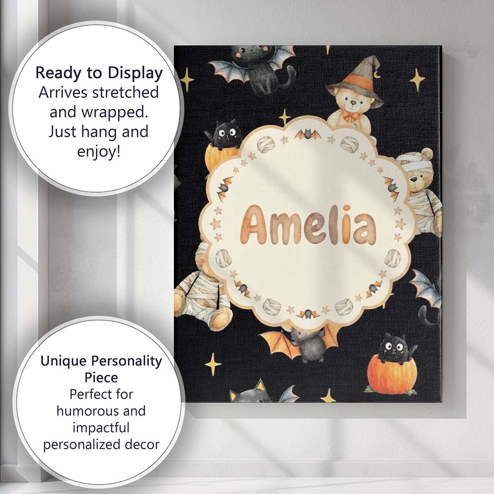 Personalised Name Cute Halloween Teddy Custom  Modern Room Accent Elegant Feature Canvas Wall Art Print Decor Picture Ready to Hang