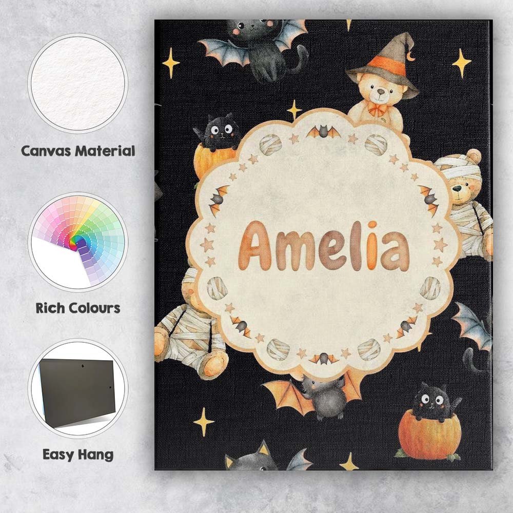 Personalised Name Cute Halloween Teddy Custom  Modern Room Accent Elegant Feature Canvas Wall Art Print Decor Picture Ready to Hang