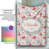 Classic Vintage Rose Garden Floral Seamless Pattern Red Blue Beige  Personalised Custom Name Super Soft Fleece Blanket Bed Sofa Throw