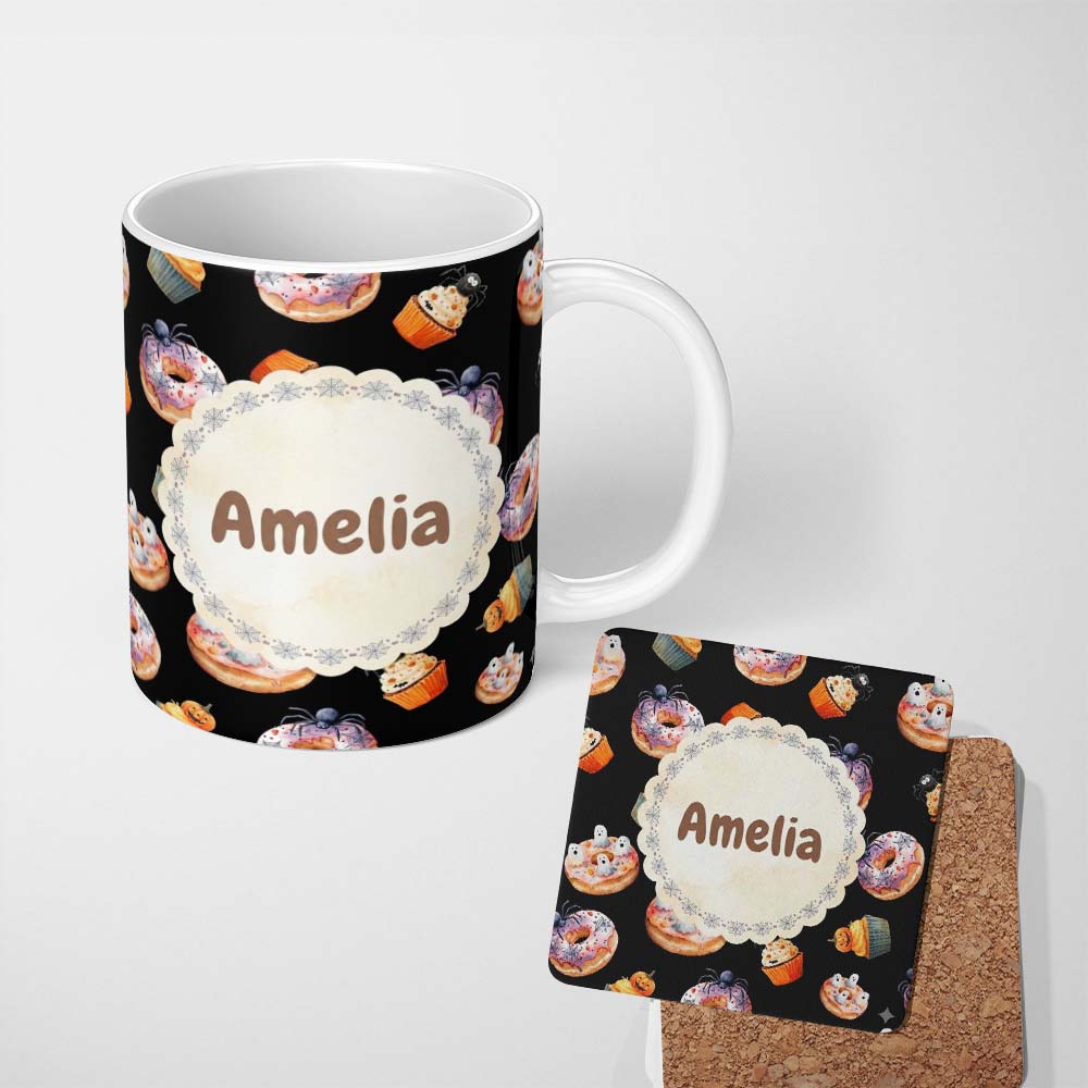 Personalized Custom Name Cute Halloween Donuts Cupcakes Ghosts and Spiders Seamless Pattern 11oz Ceramic Coffee Tea Mug White Large Handle