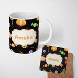 Personalized Custom Name Cute Autumn Pumpkins Candy and Lollipops Watercolor Seamless 11oz Ceramic Coffee Tea Mug White Large Handle