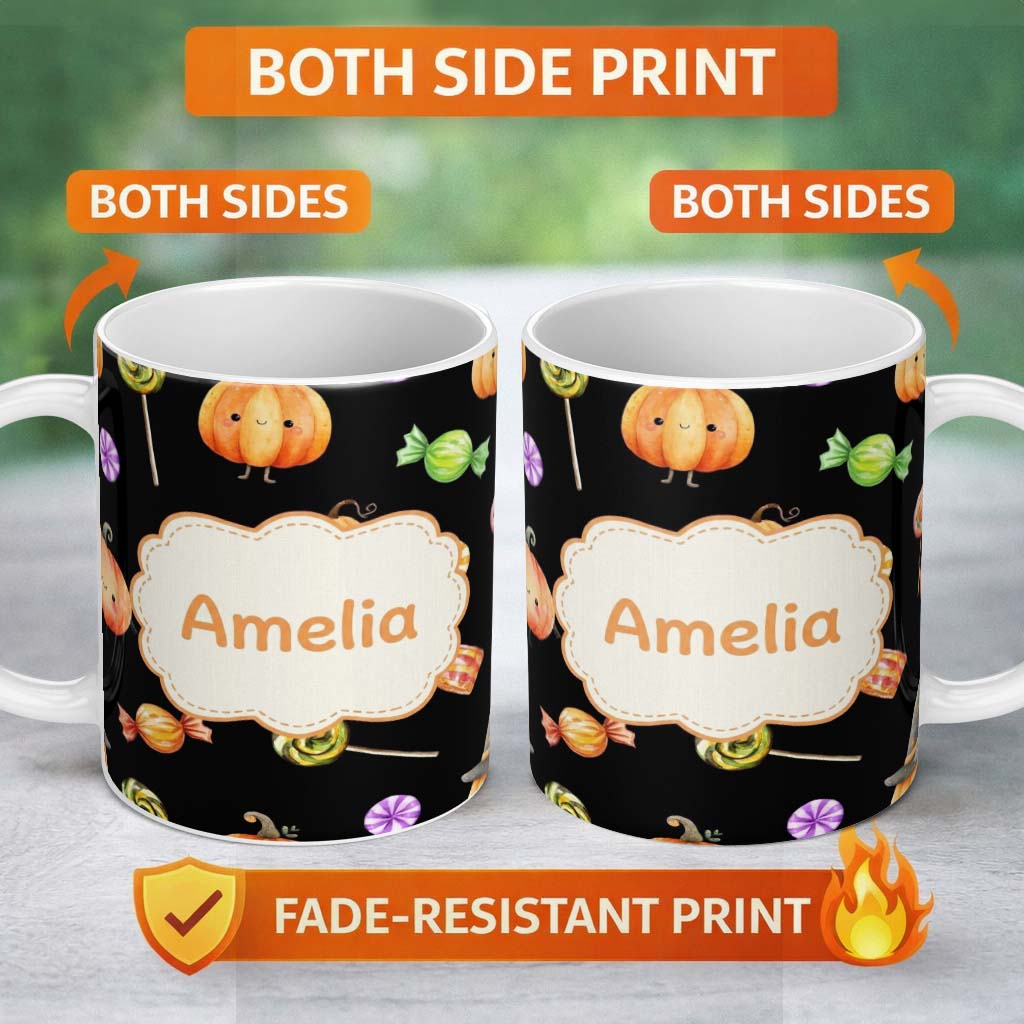 Personalized Custom Name Cute Autumn Pumpkins Candy and Lollipops Watercolor Seamless 11oz Ceramic Coffee Tea Mug White Large Handle