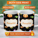 Personalized Custom Name Cute Autumn Pumpkins Candy and Lollipops Watercolor Seamless 11oz Ceramic Coffee Tea Mug White Large Handle