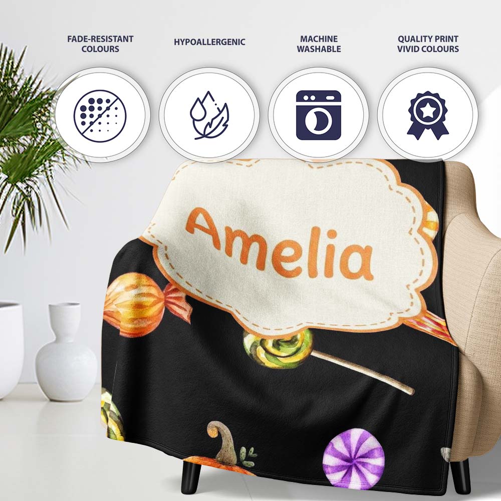 Cute Autumn Pumpkins Candy and Lollipops Watercolor Seamless  Personalised Custom Name Super Soft Fleece Blanket Bed Sofa Throw