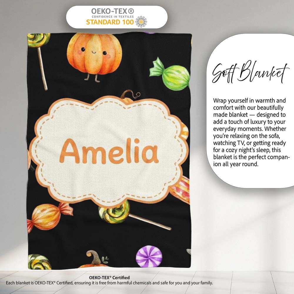 Cute Autumn Pumpkins Candy and Lollipops Watercolor Seamless  Personalised Custom Name Super Soft Fleece Blanket Bed Sofa Throw