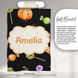 Cute Autumn Pumpkins Candy and Lollipops Watercolor Seamless  Personalised Custom Name Super Soft Fleece Blanket Bed Sofa Throw