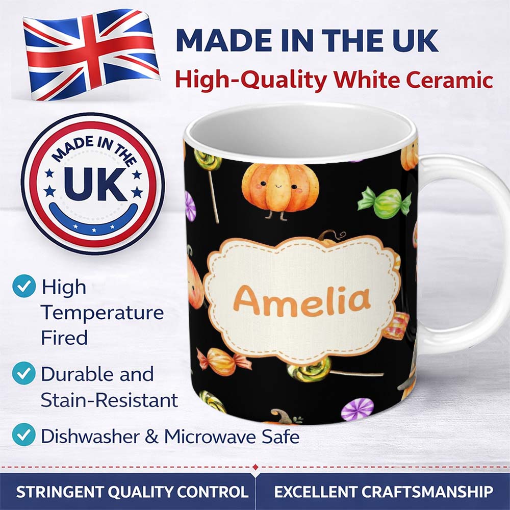 Personalized Custom Name Cute Autumn Pumpkins Candy and Lollipops Watercolor Seamless 11oz Ceramic Coffee Tea Mug White Large Handle