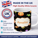 Personalized Custom Name Cute Autumn Pumpkins Candy and Lollipops Watercolor Seamless 11oz Ceramic Coffee Tea Mug White Large Handle