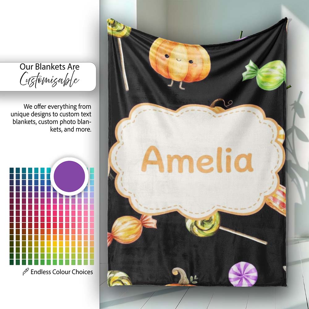 Cute Autumn Pumpkins Candy and Lollipops Watercolor Seamless  Personalised Custom Name Super Soft Fleece Blanket Bed Sofa Throw