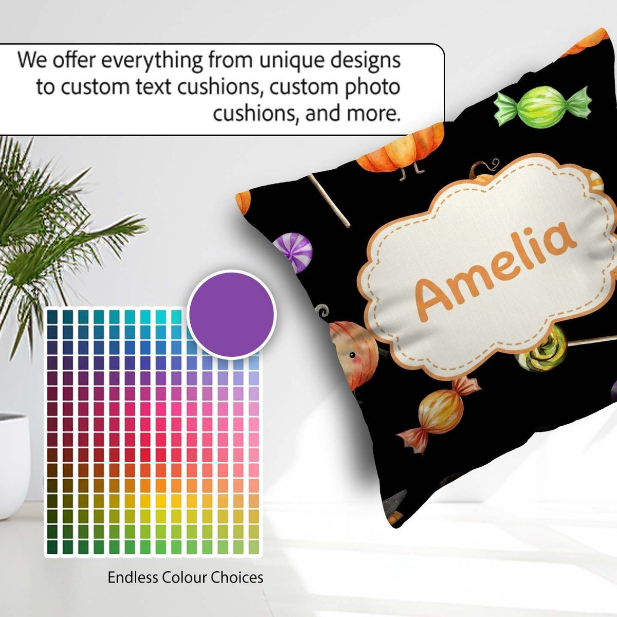 Custom Name Cute Autumn Pumpkins Candy and Lollipops Watercolor Square Filled Cushion Throw Pillow Sofa Bed Home Decor Zip Washable UK Made