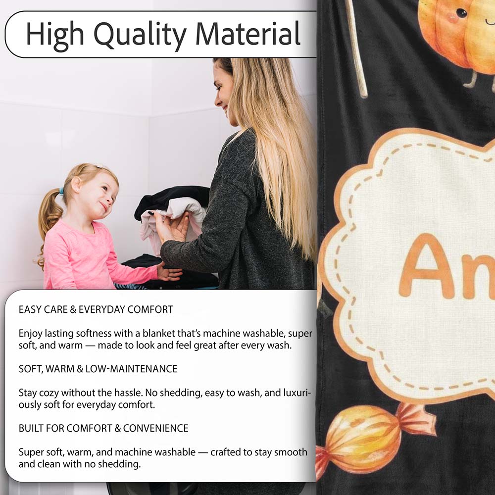 Cute Autumn Pumpkins Candy and Lollipops Watercolor Seamless  Personalised Custom Name Super Soft Fleece Blanket Bed Sofa Throw