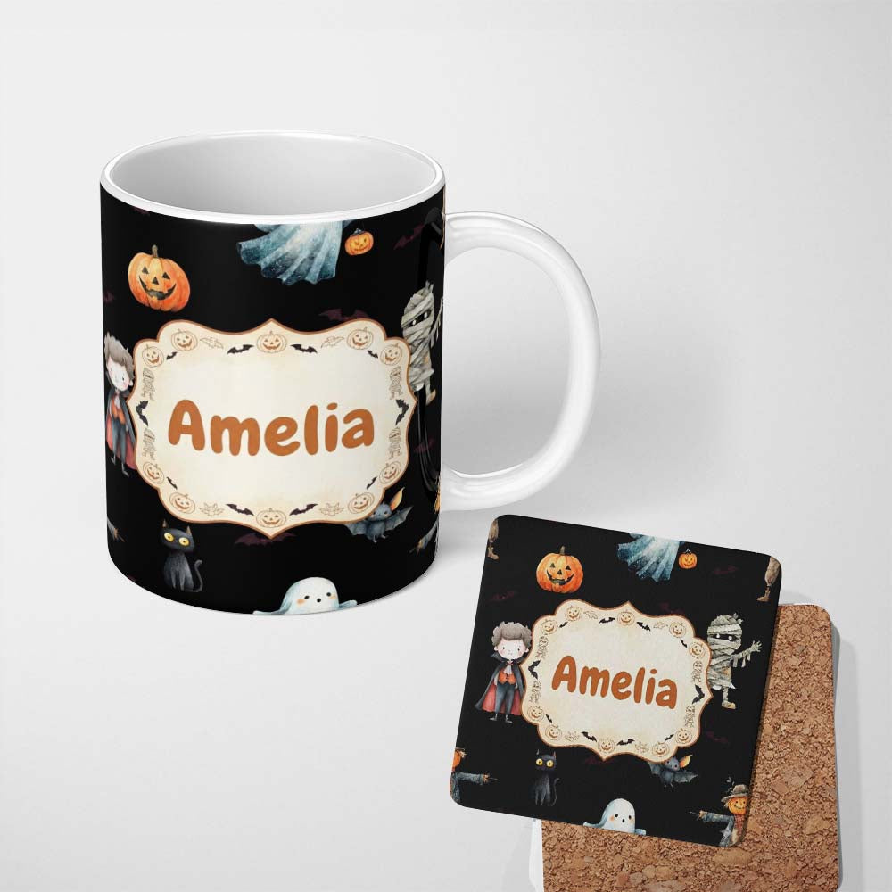 Personalized Custom Name Cute Halloween Zombie Mummy Vampire and Bats Seamless Pattern Name 11oz Ceramic Coffee Tea Mug White Large Handle