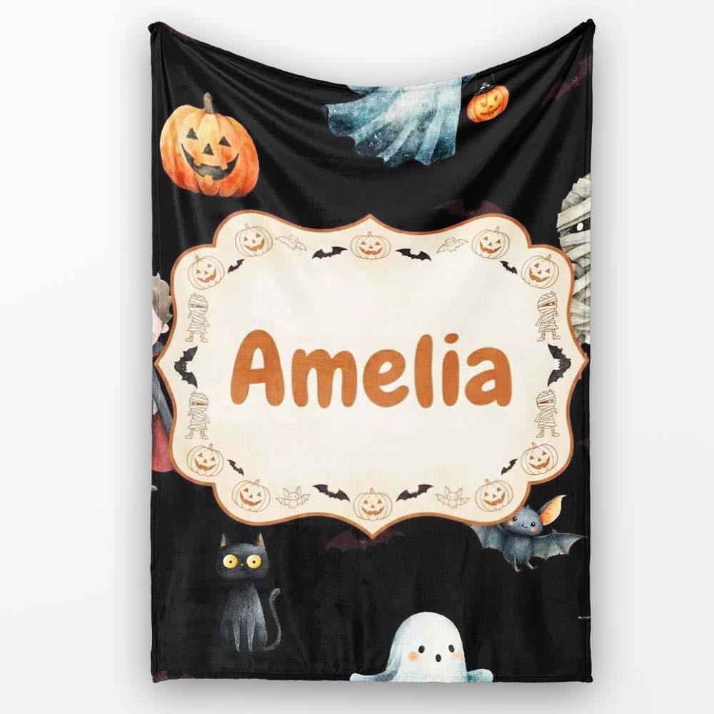 Cute Halloween Zombie Mummy Vampire and Bats Seamless Pattern Name  Personalised Custom Name Super Soft Fleece Blanket Bed Sofa Throw