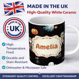 Personalized Custom Name Cute Halloween Zombie Mummy Vampire and Bats Seamless Pattern Name 11oz Ceramic Coffee Tea Mug White Large Handle