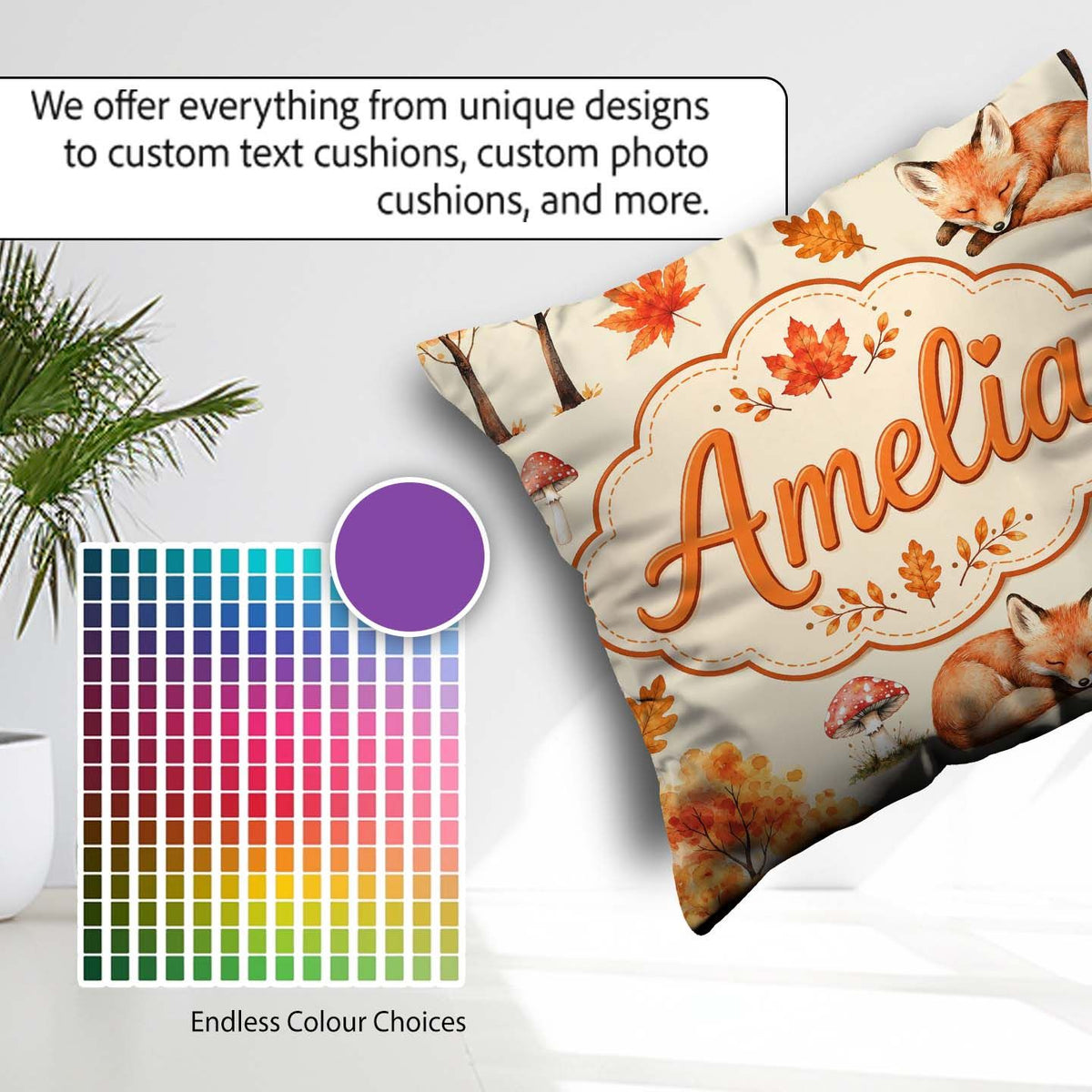 Custom Name Autumn Fox Leaves Mushrooms Watercolor Seamless Name Square Filled Cushion Throw Pillow Sofa Bed Home Decor Zip Washable UK Made