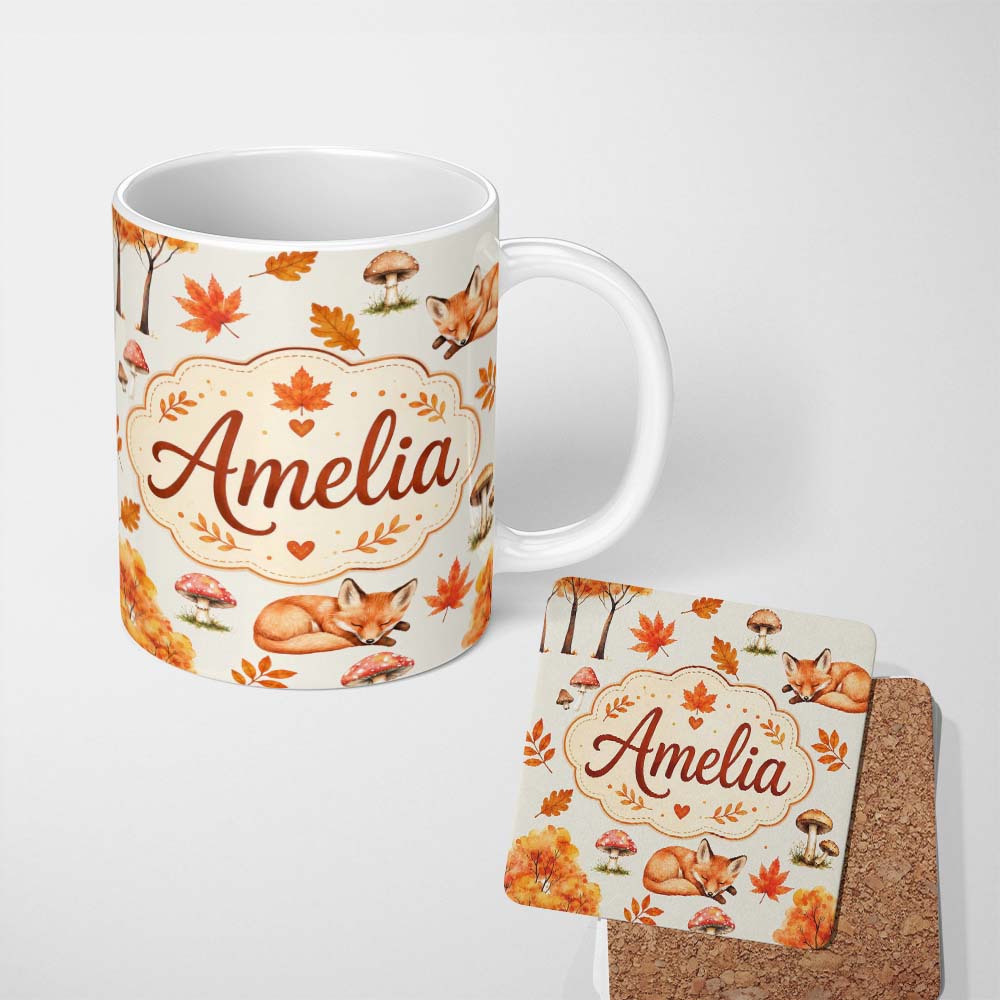 Personalized Custom Name Cute Autumn Fox Leaves Mushrooms Watercolor Beige Seamless Pattern 11oz Ceramic Coffee Tea Mug White Large Handle