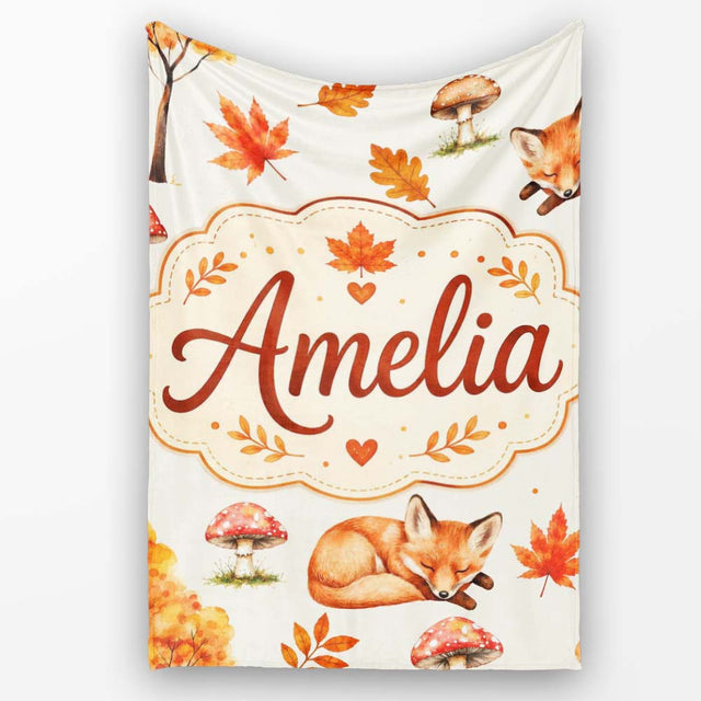 Cute Autumn Fox Leaves Mushrooms Watercolor Beige Seamless Pattern  Personalised Custom Name Super Soft Fleece Blanket Bed Sofa Throw