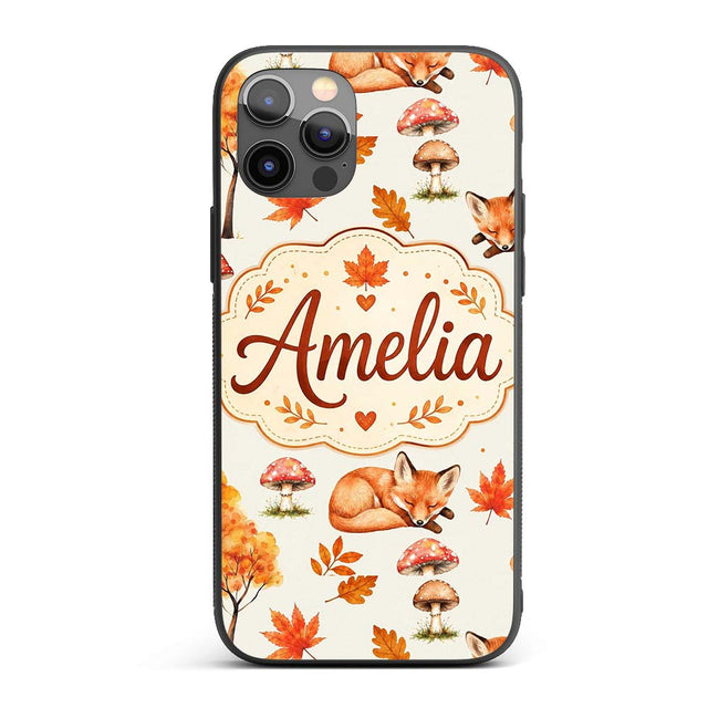 Cute Autumn Fox Leaves Mushrooms Watercolor Beige Custom Name Protective Phone Case Mobile Cover Durable Everyday Smartphone Shock Resistant
