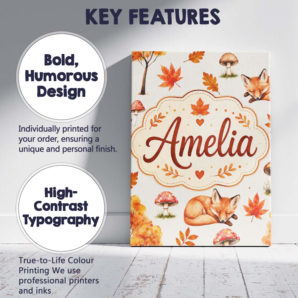 Personalised Name Cute Autumn Fox Leaves Custom  Unique Gift Idea Elegant Feature Canvas Wall Art Print Decor Picture Ready to Hang
