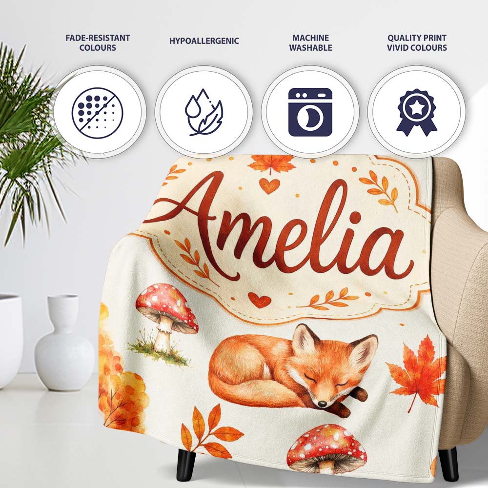 Cute Autumn Fox Leaves Mushrooms Watercolor Beige Seamless Pattern  Personalised Custom Name Super Soft Fleece Blanket Bed Sofa Throw