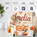 Cute Autumn Fox Leaves Mushrooms Watercolor Beige Seamless Pattern  Personalised Custom Name Super Soft Fleece Blanket Bed Sofa Throw