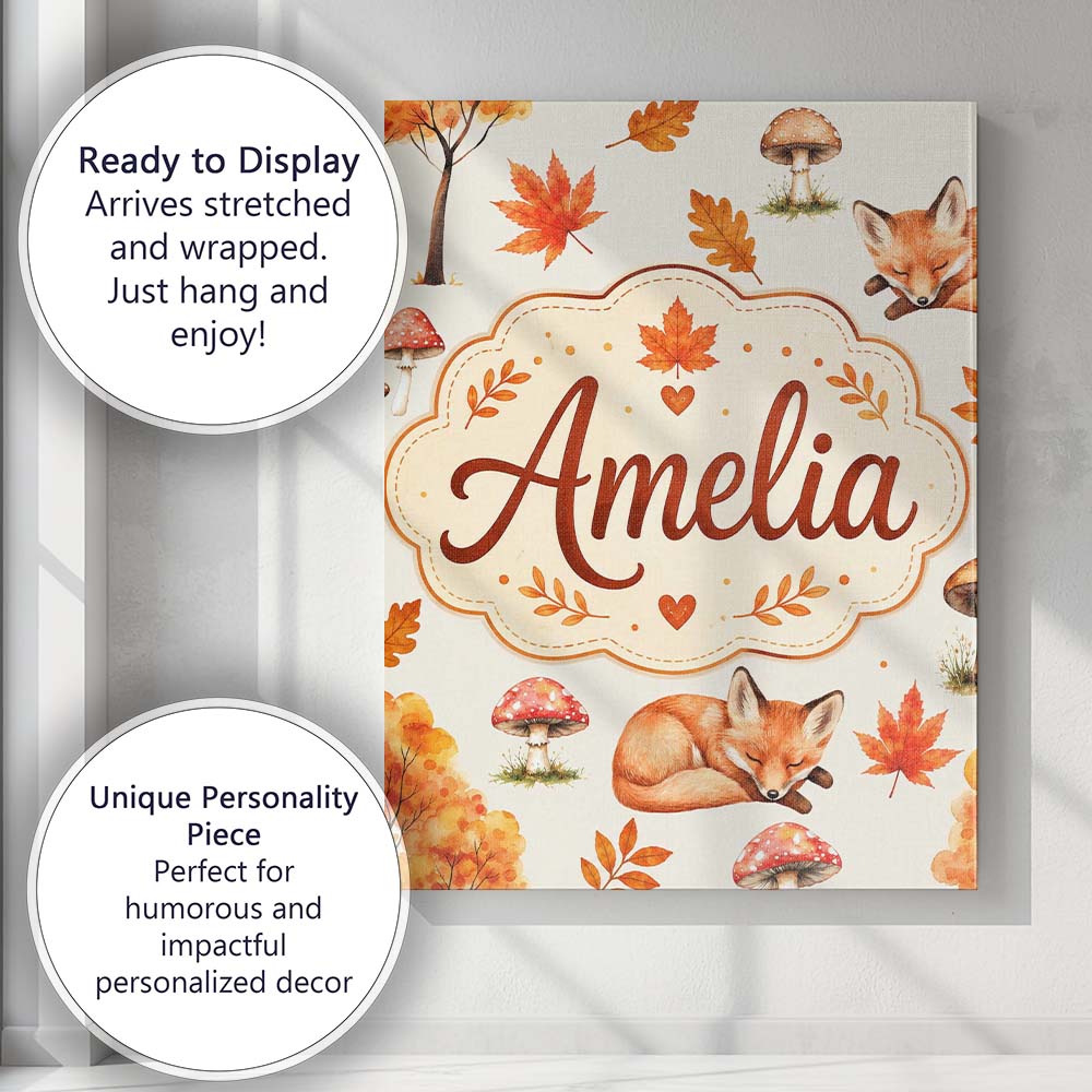 Personalised Name Cute Autumn Fox Leaves Custom  Unique Gift Idea Elegant Feature Canvas Wall Art Print Decor Picture Ready to Hang