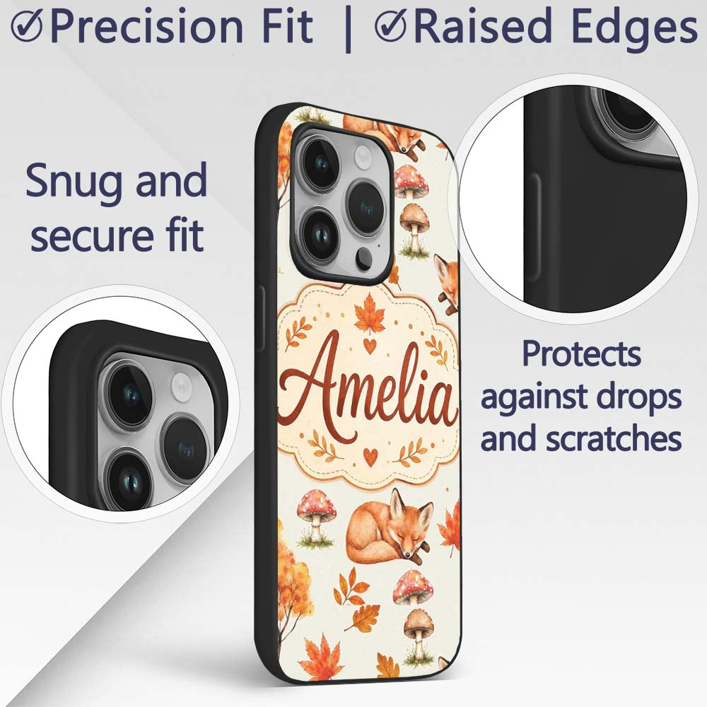 Cute Autumn Fox Leaves Mushrooms Watercolor Beige Custom Name Protective Phone Case Mobile Cover Durable Everyday Smartphone Shock Resistant