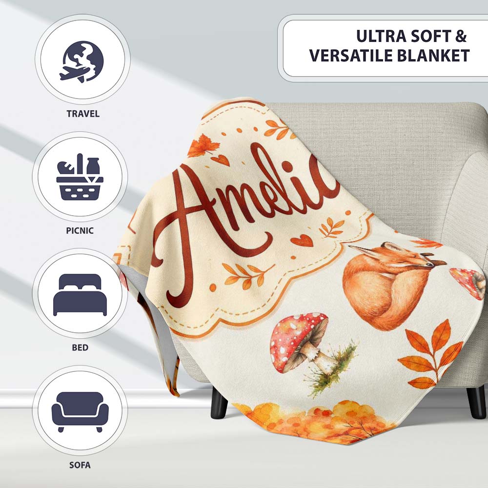 Cute Autumn Fox Leaves Mushrooms Watercolor Beige Seamless Pattern  Personalised Custom Name Super Soft Fleece Blanket Bed Sofa Throw