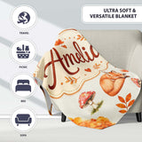 Cute Autumn Fox Leaves Mushrooms Watercolor Beige Seamless Pattern  Personalised Custom Name Super Soft Fleece Blanket Bed Sofa Throw