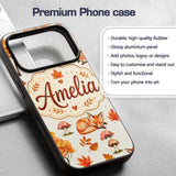 Cute Autumn Fox Leaves Mushrooms Watercolor Beige Custom Name Protective Phone Case Mobile Cover Durable Everyday Smartphone Shock Resistant