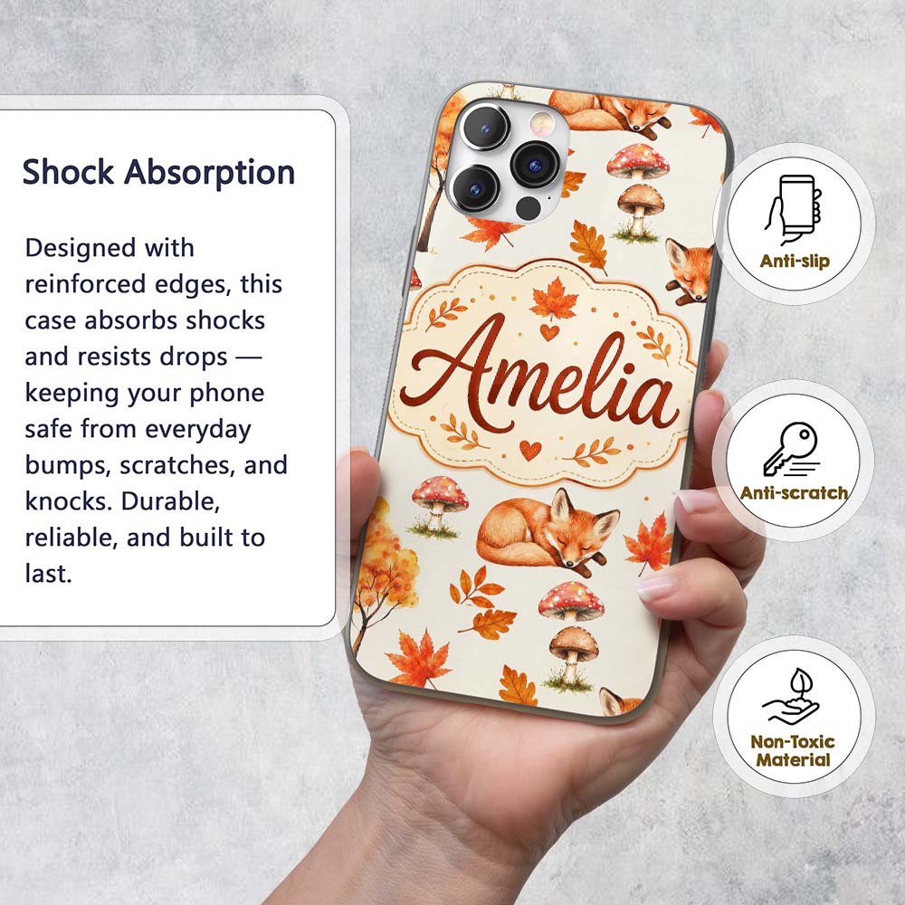 Cute Autumn Fox Leaves Mushrooms Watercolor Beige Custom Name Protective Phone Case Mobile Cover Durable Everyday Smartphone Shock Resistant