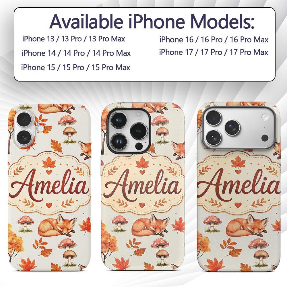 Cute Autumn Fox Leaves Mushrooms Watercolor Beige Custom Name Protective Phone Case Mobile Cover Durable Everyday Smartphone Shock Resistant