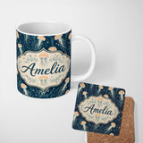 Personalized Custom Name Soft Coral Jellyfish on Light Aqua Background Seamless Underwater 11oz Ceramic Coffee Tea Mug White Large Handle