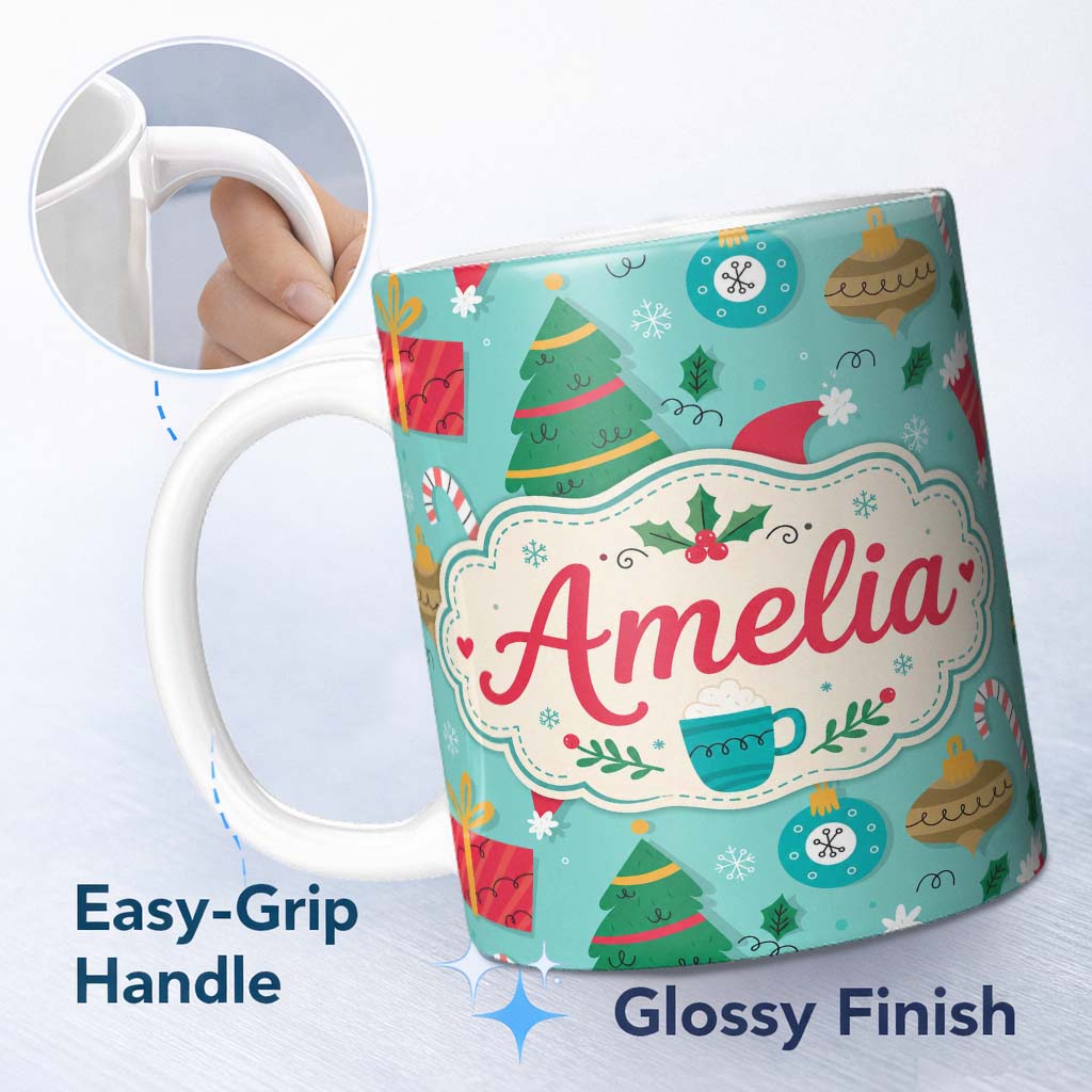 Personalized Custom Name Christmas Mug Candy Cane Ornament Festive Seamless Pattern Lovely 11oz Ceramic Coffee Tea Mug White Large Handle