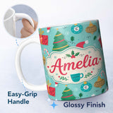 Personalized Custom Name Christmas Mug Candy Cane Ornament Festive Seamless Pattern Lovely 11oz Ceramic Coffee Tea Mug White Large Handle