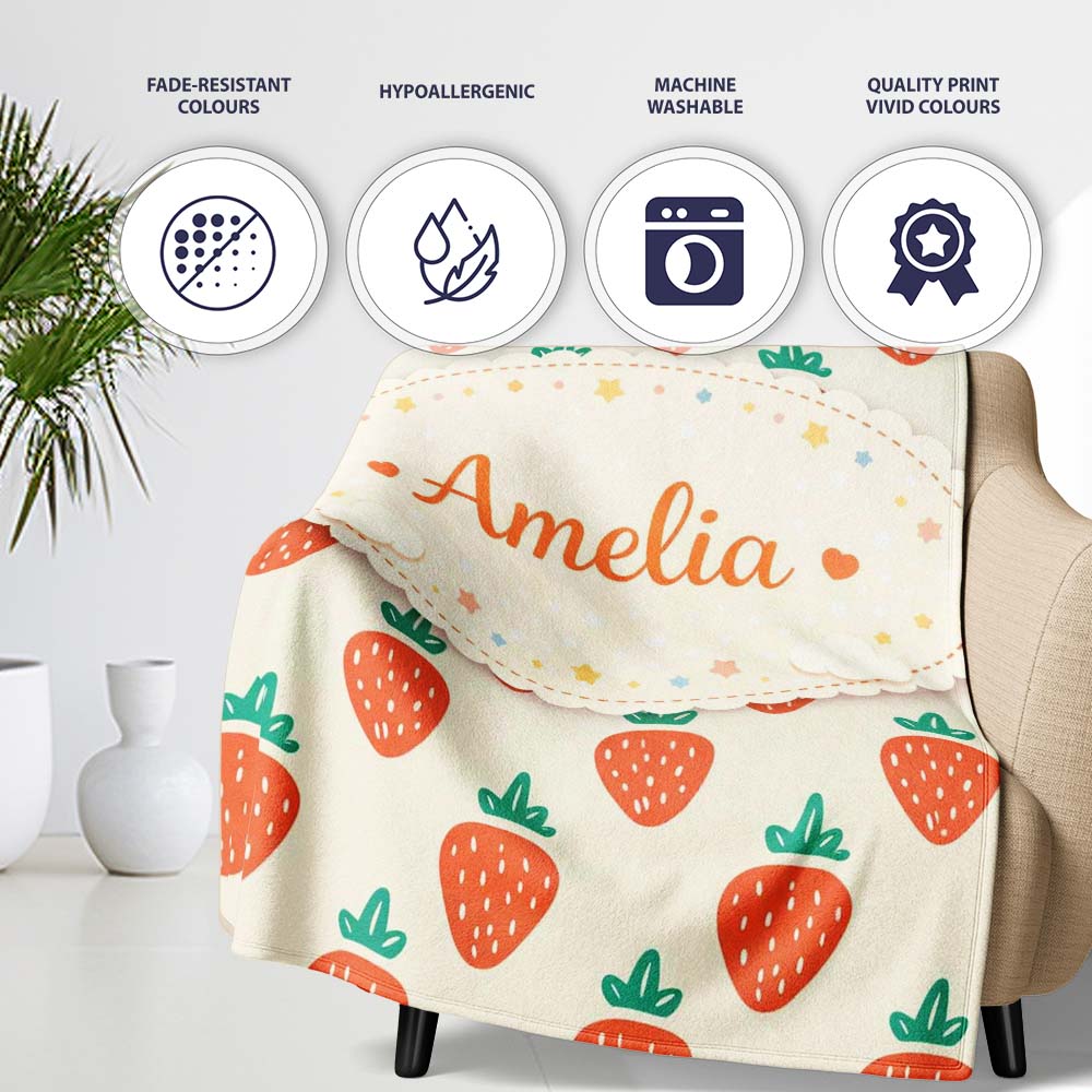 Cute Strawberry Minimal Fruit Seamless Pattern Beautiful Coffee Cup  Personalised Custom Name Super Soft Fleece Blanket Bed Sofa Throw