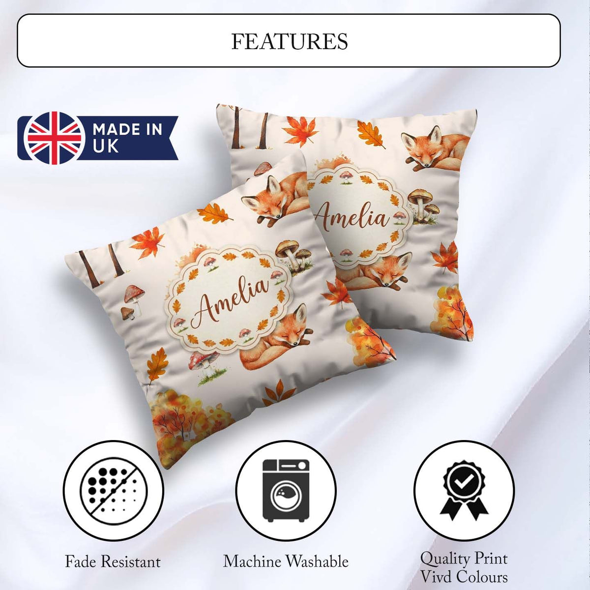Custom Name Cute Autumn Fox Leaves Mushrooms Watercolor Seamless Square Filled Cushion Throw Pillow Sofa Bed Home Decor Zip Washable UK Made