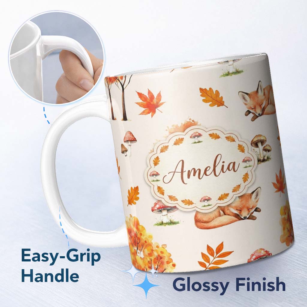 Personalized Custom Name Cute Autumn Fox Leaves Mushrooms Watercolor Neutral Seamless 11oz Ceramic Coffee Tea Mug White Large Handle
