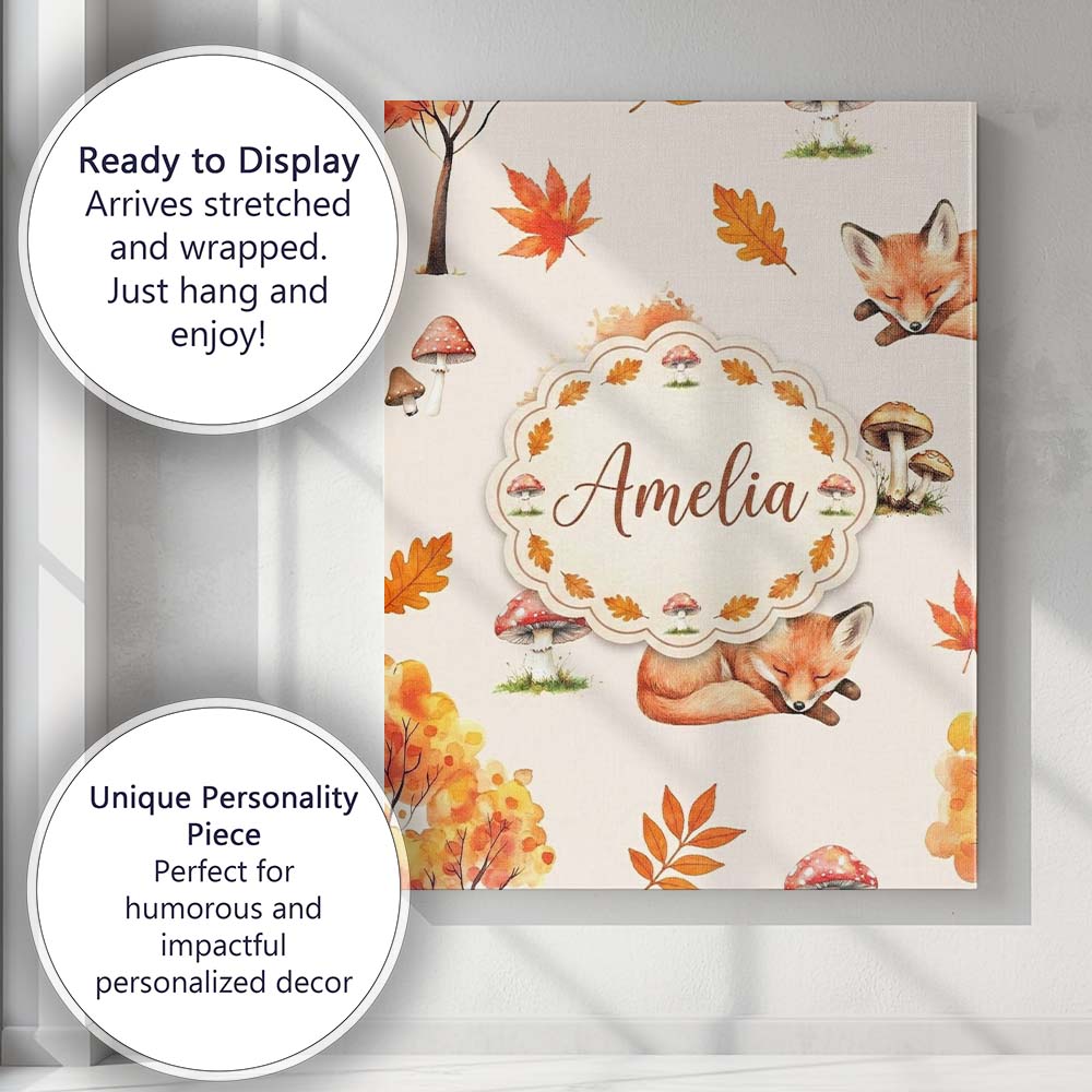 Personalised Name Cute Autumn Fox Leaves Custom  Unique Gift Idea Elegant Feature Canvas Wall Art Print Decor Picture Ready to Hang