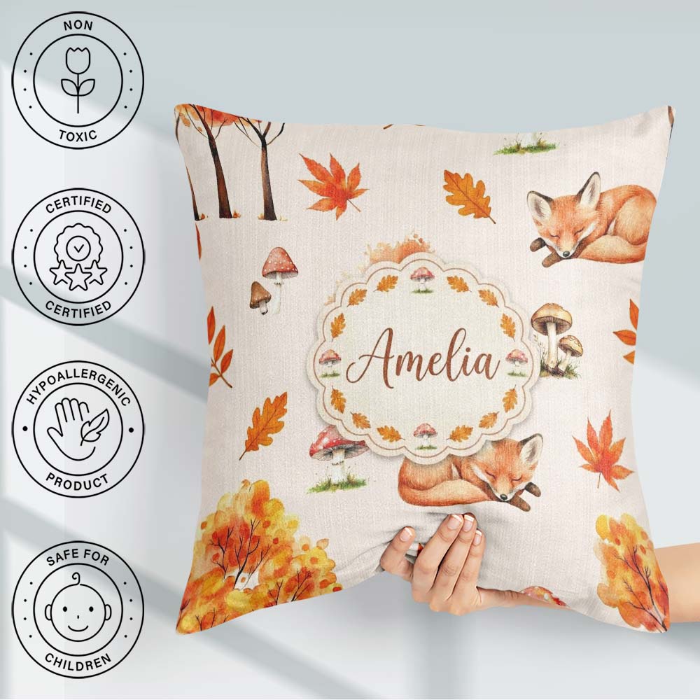 Custom Name Cute Autumn Fox Leaves Mushrooms Watercolor Seamless Square Filled Cushion Throw Pillow Sofa Bed Home Decor Zip Washable UK Made
