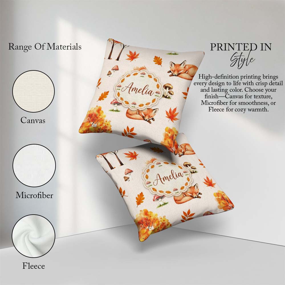 Custom Name Cute Autumn Fox Leaves Mushrooms Watercolor Seamless Square Filled Cushion Throw Pillow Sofa Bed Home Decor Zip Washable UK Made