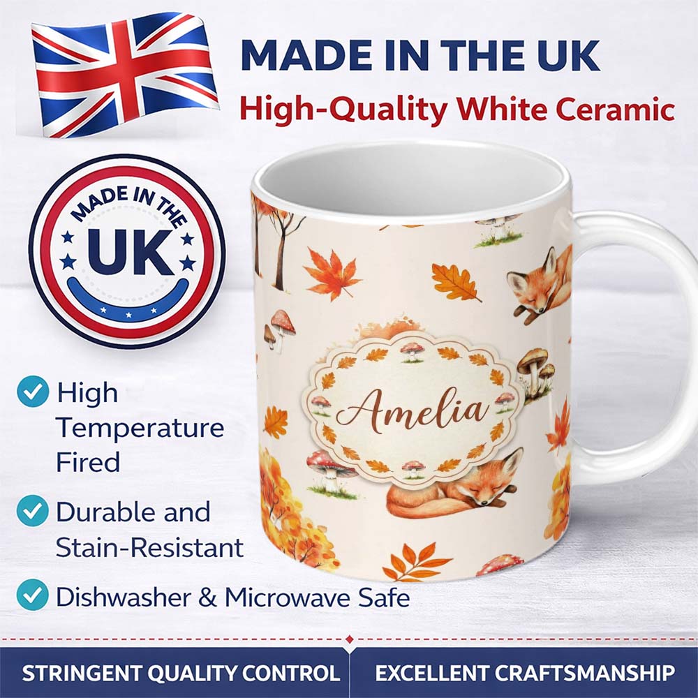Personalized Custom Name Cute Autumn Fox Leaves Mushrooms Watercolor Neutral Seamless 11oz Ceramic Coffee Tea Mug White Large Handle