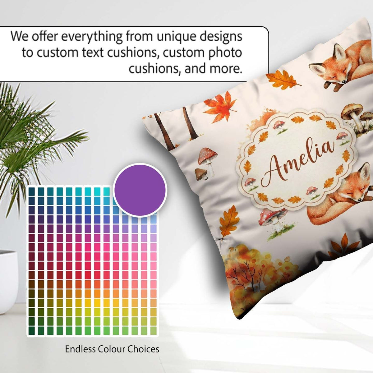Custom Name Cute Autumn Fox Leaves Mushrooms Watercolor Seamless Square Filled Cushion Throw Pillow Sofa Bed Home Decor Zip Washable UK Made