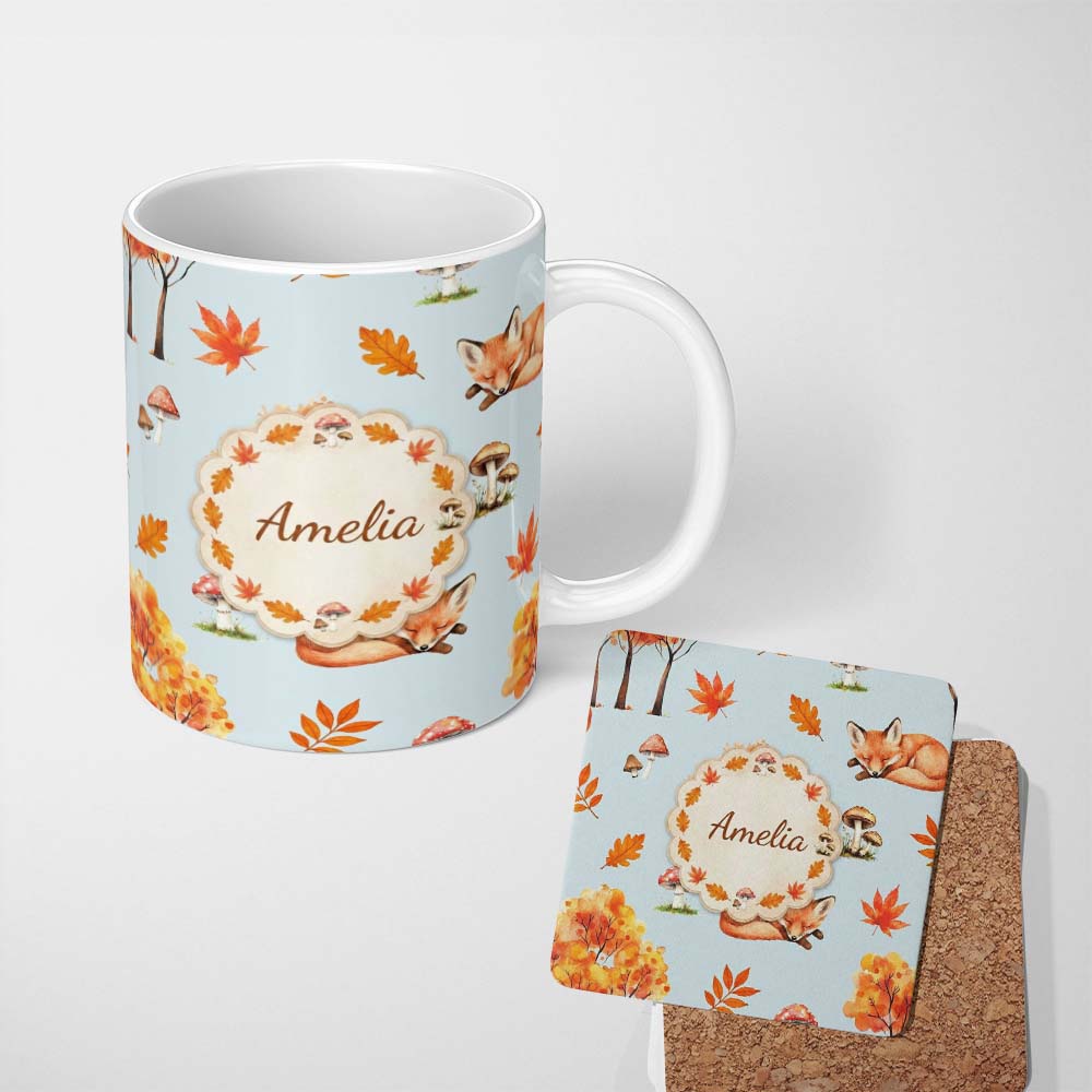 Personalized Custom Name Cute Autumn Fox Leaves Mushrooms Watercolor Blue Background 11oz Ceramic Coffee Tea Mug White Large Handle