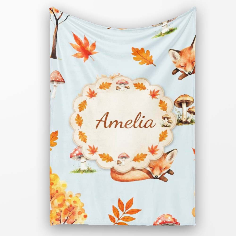 Cute Autumn Fox Leaves Mushrooms Watercolor Blue Background  Personalised Custom Name Super Soft Fleece Blanket Bed Sofa Throw