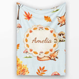Cute Autumn Fox Leaves Mushrooms Watercolor Blue Background  Personalised Custom Name Super Soft Fleece Blanket Bed Sofa Throw