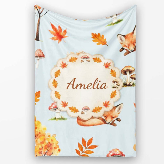 Cute Autumn Fox Leaves Mushrooms Watercolor Blue Background  Personalised Custom Name Super Soft Fleece Blanket Bed Sofa Throw