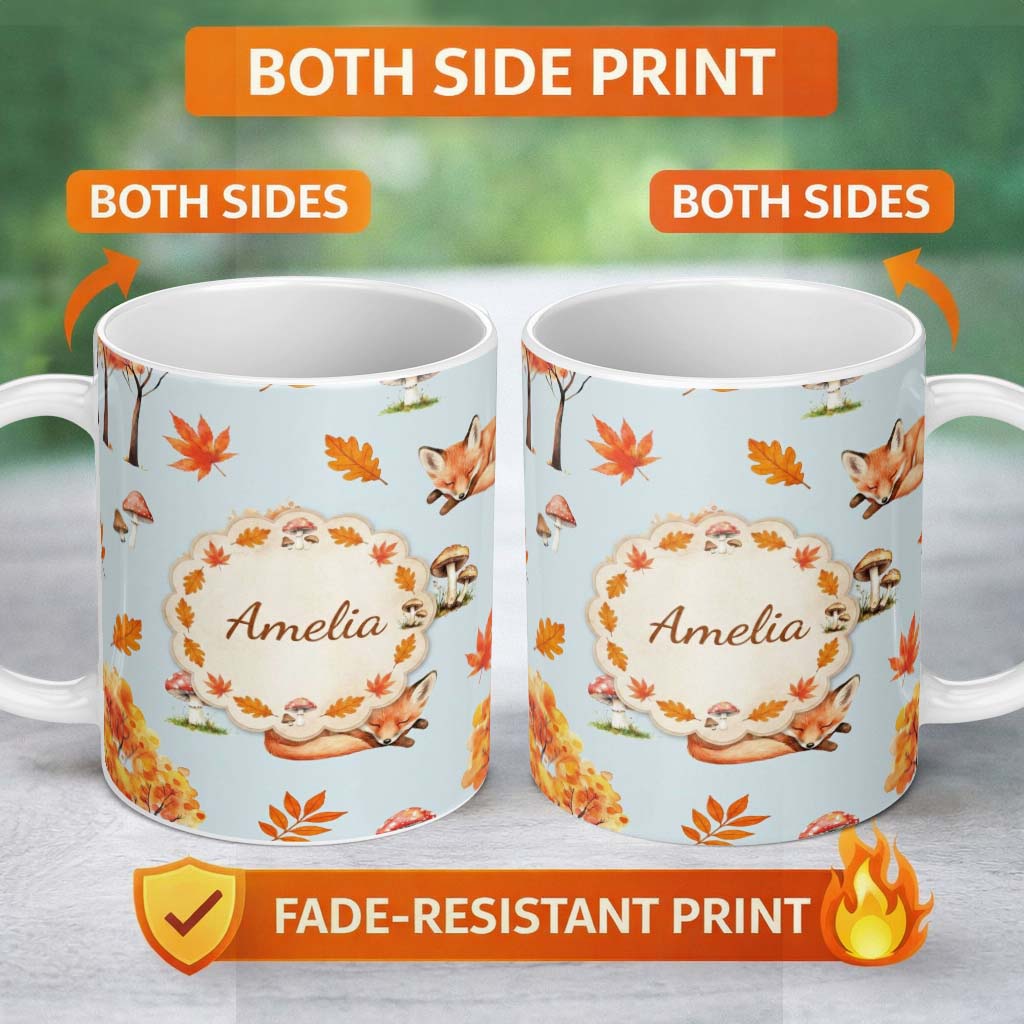Personalized Custom Name Cute Autumn Fox Leaves Mushrooms Watercolor Blue Background 11oz Ceramic Coffee Tea Mug White Large Handle